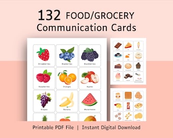 May include: A set of 132 food and grocery communication cards presented as a printable PDF file. The cards feature colorful illustrations of various fruits like strawberries, blueberries, and bananas, along with text labels for each item.