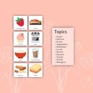 May include: A set of eight square educational cards featuring illustrations of strawberries, salmon, a cupcake, an oven, rice, chocolate milk, peanuts, and a PB&J sandwich, alongside a rectangular card titled Topics listing food categories.