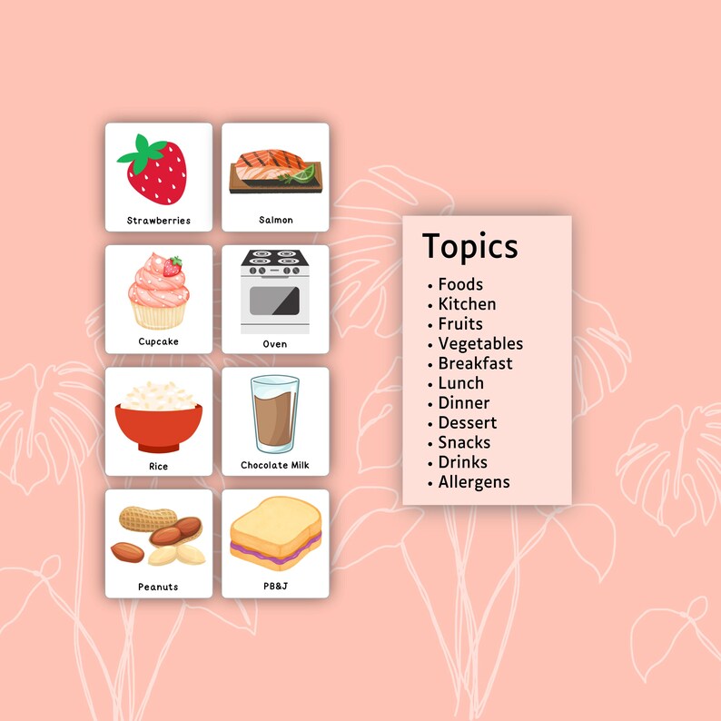 May include: A set of eight square educational cards featuring illustrations of strawberries, salmon, a cupcake, an oven, rice, chocolate milk, peanuts, and a PB&J sandwich, alongside a rectangular card titled Topics listing food categories.