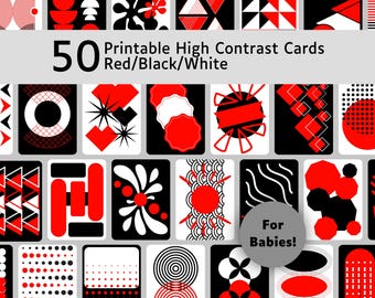 50 Printable High Contrast Baby Flashcards: Black, White, and Red For Newborn Visual Stimulation (PDF Digital Download)