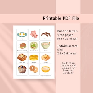 May include: A printable PDF file featuring twelve breakfast food illustrations in dashed-line boxes, including eggs, bacon, sausage, sandwich, toast, cereal, French toast, pancakes, waffles, muffin, bagel, and oatmeal, with 8.5 x 11 inch paper instructions.