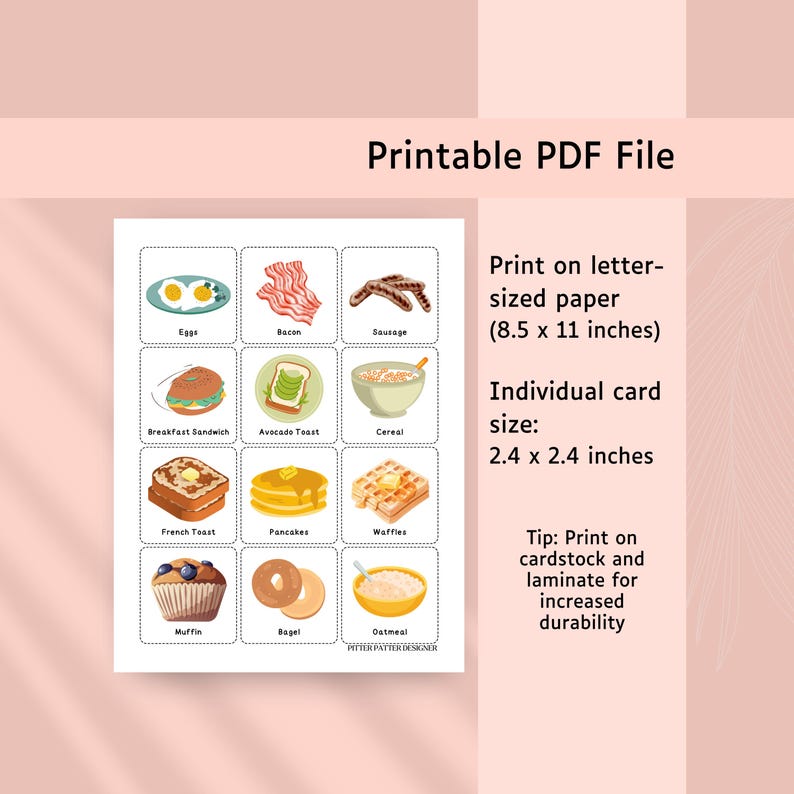 May include: A printable PDF file featuring twelve breakfast food illustrations in dashed-line boxes, including eggs, bacon, sausage, sandwich, toast, cereal, French toast, pancakes, waffles, muffin, bagel, and oatmeal, with 8.5 x 11 inch paper instructions.