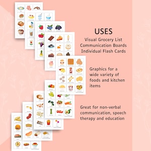 May include: A set of white rectangular cards featuring colorful food illustrations and text labels. The text on the right reads: USES Visual Grocery List Communication Boards Individual Flash Cards Graphics for a wide variety of foods and kitchen items Great for non-verbal communication, speech therapy and education.
