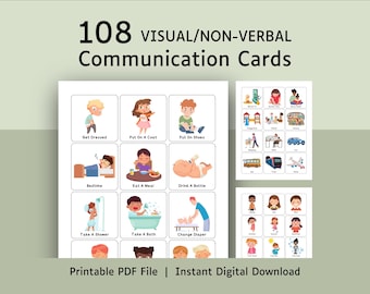 May include: A set of 108 visual and non-verbal communication cards featuring colorful illustrations of daily activities and routines. Each card includes a descriptive label such as Get Dressed, Bedtime, or Take A Bath. The cards are presented as a printable PDF file.