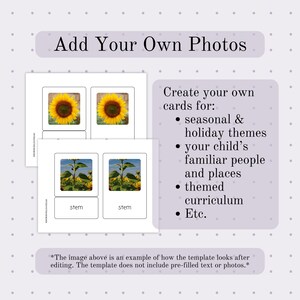 May include: A template for creating photo cards, featuring images of sunflowers. The cards are designed for seasonal and holiday themes, familiar people and places, and themed curriculum. The text "Add Your Own Photos" is at the top.