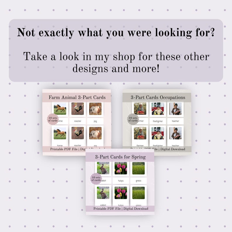 May include: Image features three sets of educational 3-part cards. The sets include "Farm Animal", "Occupations", and "Spring" themes. Each card set has a title and images with labels. The text "Printable PDF File | Digital Download" is also present.