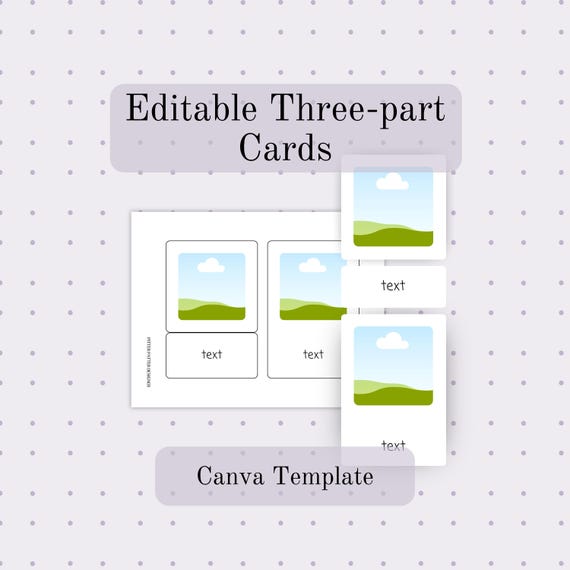 Editable Template for 3 Part Cards, Matching Montessori Material for Language and Vocabulary Development, Customizable Canva Template