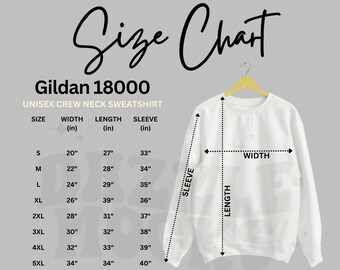 Size Guide Gildan Sweatshirt 18000 in Inches,  Unisex Crewneck Jumper Minimalistic Mockup Easy to Use Size Chart