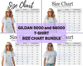 Size Chart Bundle, Gildan 64000 and 5000 Unisex Crewneck Tshirt Sizing Guide in Centimeters and Inches