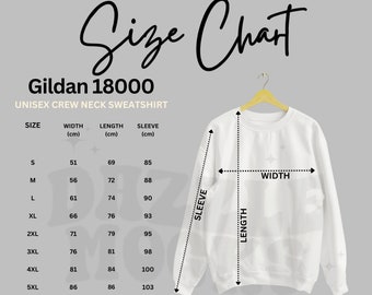 Size Chart Gildan Sweatshirt 18000 in CM Centimeter,  Unisex Crewneck Jumper Minimalistic Mockup Size Guide