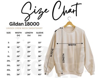 Size Guide Gildan Sweatshirt 18000 in Inches,  Easy to Use Size Chart with a Hanging Jumper Mockup