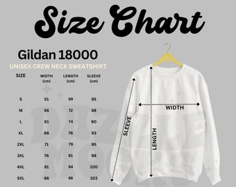 Size Chart Gildan Sweatshirt 18000 in CM Centimeter,  Unisex Crewneck Jumper Minimalistic Mockup Size Guide