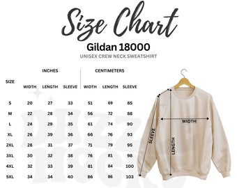 Size Chart in Inches and Centimeter for Gildan 18000 Sweatshirt, Hanging Crewneck Jumper Size Guide with White Background