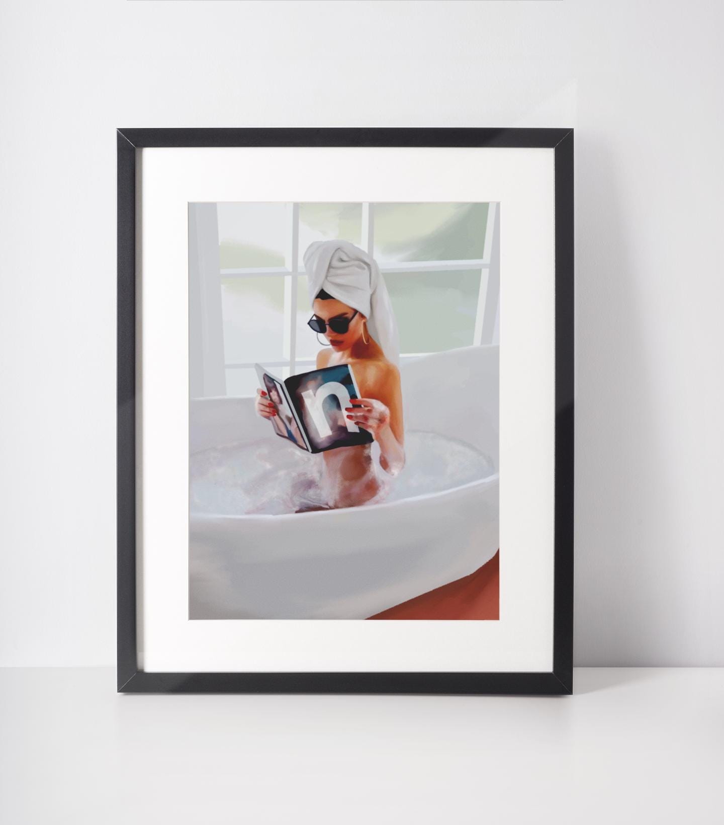 Vintage Spa Scene | Woman Relaxing in Bathtub Printable Wall Art - Retro Glam Digital Print for Bathroom Decor