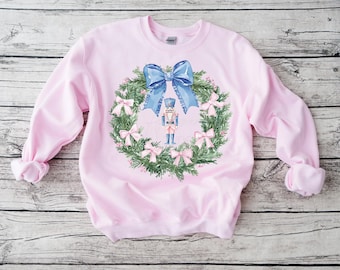 Christmas Toile PNG Nutcracker Wreath Christmas PNG Preppy Nutcracker Blue Toile Coquette Bow PNG Christmas Blue Digital Design Pink Bow png