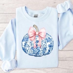 May include: A light blue sweatshirt featuring a blue and white floral pumpkin design with a pink bow. The pumpkin has a stem and is centered on the front of the long-sleeved top. The sweatshirt is made of a soft material.