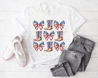 Cowboy Boots and Bows Red White and Blue 4th of July Independence Day PNG File Digital Download for shirt July 4th American Flag Boots & Bow