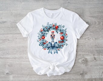 Christmas Toile PNG Nutcracker Wreath Christmas PNG Preppy Nutcracker Blue Toile Coquette Bow PNG Christmas Red Digital Design Blue Bow