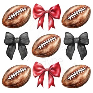 May include: Six watercolor illustrations of footballs and bows. Three footballs are brown with white laces and three bows are red. Three footballs are brown with white laces and three bows are black.