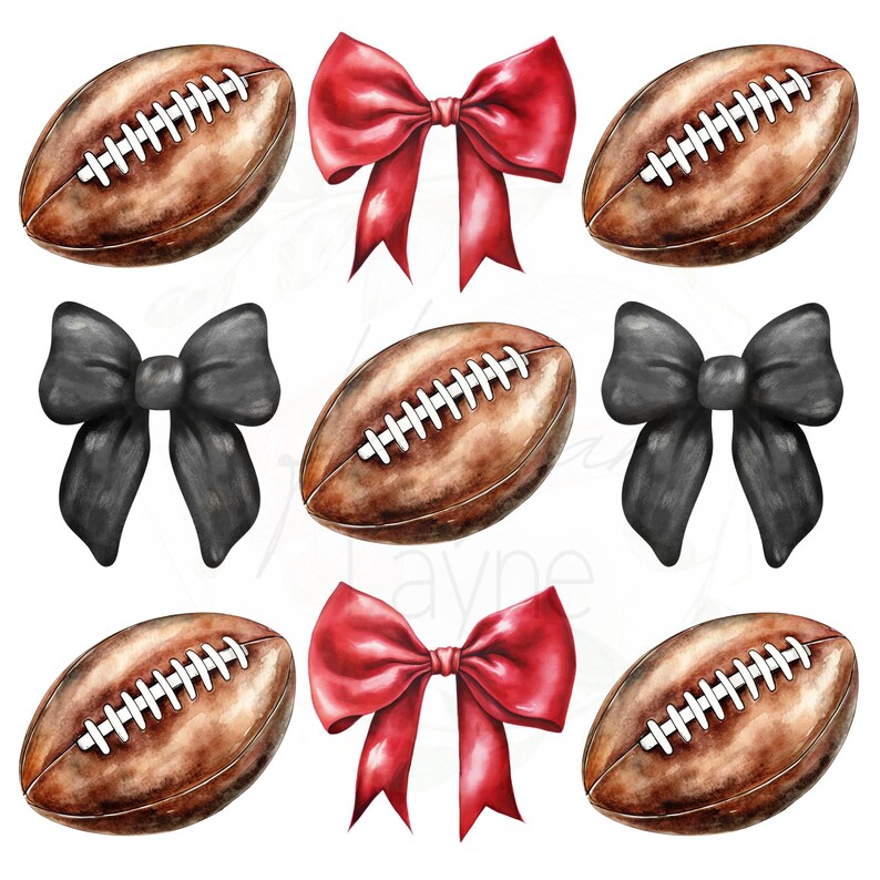 May include: Six watercolor illustrations of footballs and bows. Three footballs are brown with white laces and three bows are red. Three footballs are brown with white laces and three bows are black.