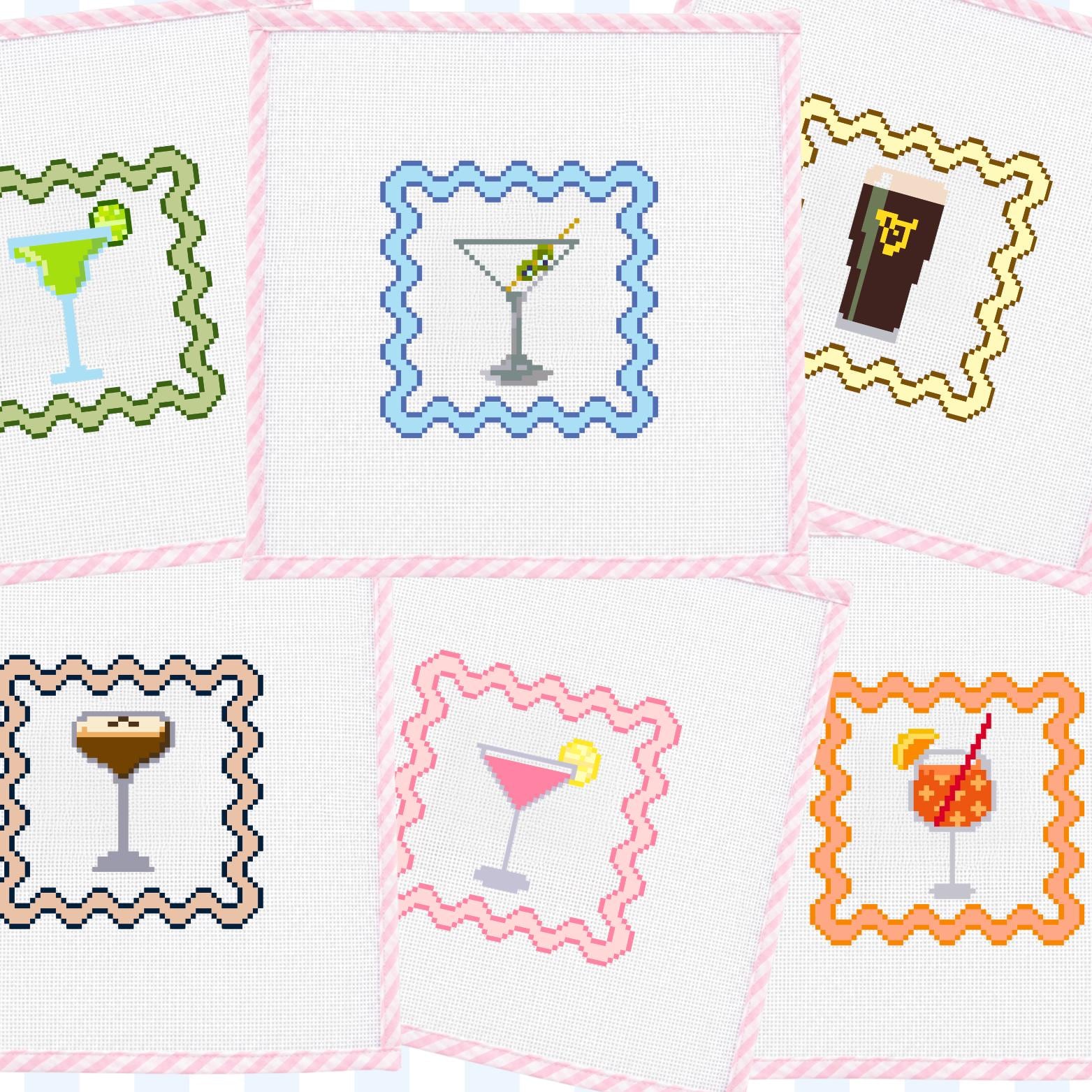 Drink Needlepoint Coaster Canvas 18 Mesh 4x4 Margarita, Cosmo, Aperol Spritz, Martini, Guinness