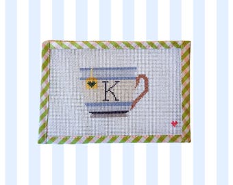 Custom Initial Tea Cup Needlepoint | 18 Mesh Canvas Hand-Painted or Printed