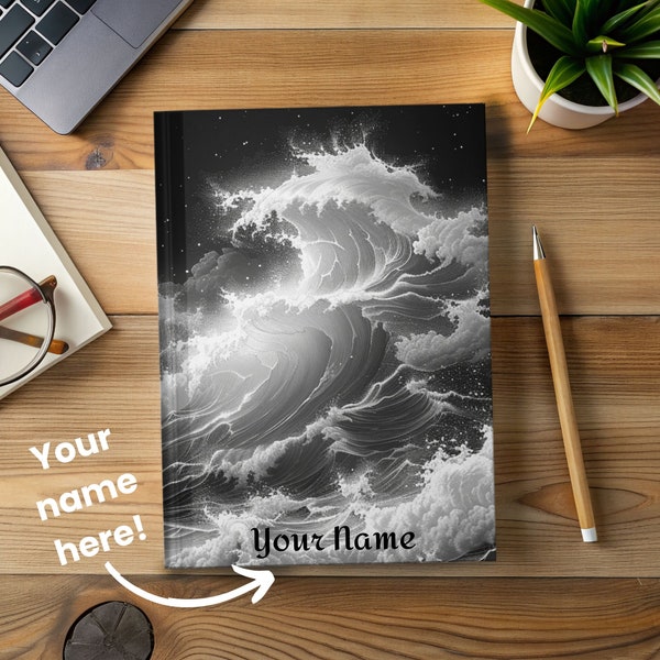 Personalized Waves Journal, Midnight Waves Ruled Line Journal, Custom Name Hardcover Diary, Ideal for Creative Writing, Great Birthday Gift