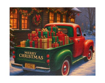Puede incluir: Un rompecabezas de un camión vintage rojo y verde lleno de regalos de Navidad. El camión tiene la inscripción "MERRY CHRISTMAS" y una matrícula "EPTING". El fondo muestra una escena nevada con una casa decorada.