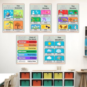 Carteles educativos bilingües de días, meses, estaciones y clima en español para inglés, aula, niños, español, educación en casa y digital.