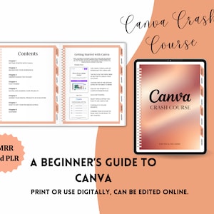 Puede incluir: Una guía de curso digital rosa y blanca con el título "Canva Crash Course" y el texto "A Beginner's Guide to Canva" impreso en la portada. La guía es para usuarios gratuitos y profesionales.