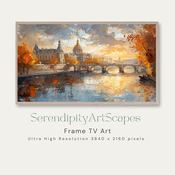 Frame Tv Art Vibrant Paris Painting, River View with Historical Buildings, Artistic Frame Art Samsung Tv Frame Art Instant Digital Download