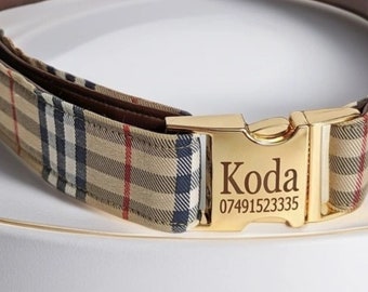 Luxury Cream Plaid Puppy Collar and Leash Bundle - Tartan - Engraved Buckle Personalized - Small to Large - Premium Designer Collar.