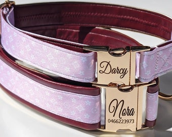 Designer Pink Velvet leather dog collar and leash  - Fashion Brand Monogram - Personalized - Small to Large - Adjustable - Puppy and Cat.