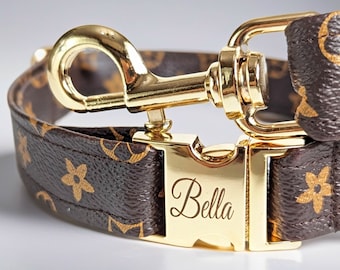 Designer leather dog collar and leash  - Engraved Buckle Personalized - Small to Large - Pink or Brown - Adjustable - Puppy and Cat.