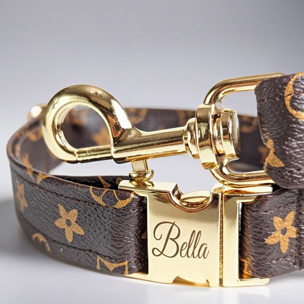 Designer leather dog collar and leash  - Engraved Buckle Personalized - Small to Large - FREE USA shipping - Adjustable - Puppy and Cat.