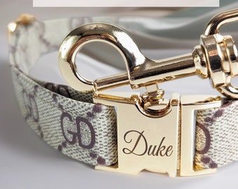 Designer Lux Puppy Collar and Leash Set - Cat and kitten - Engraved Buckle Personalized - Small to Large - Premium Designer Collar.