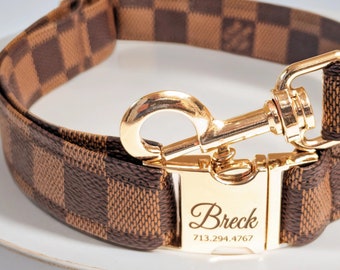 Brown Square Monogram Canvas Dog Collar and Leash - Leather - Buckle Personalized - Small to Large  - Adjustable - Cat, Kitten, Puppy.