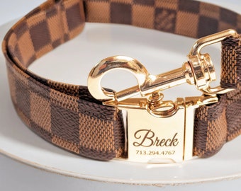 Brown Square Monogram Canvas Dog Collar and Leash - Leather - Buckle Personalized - FREE USA shipping  - Adjustable - Cat, Kitten, Puppy.