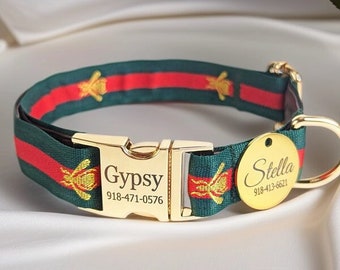 Red Green Stripe Luxury Dog Collar and Leash- Cat and Puppy - Engraved Buckle Personalized - Small to Large - Premium Designer Collar.