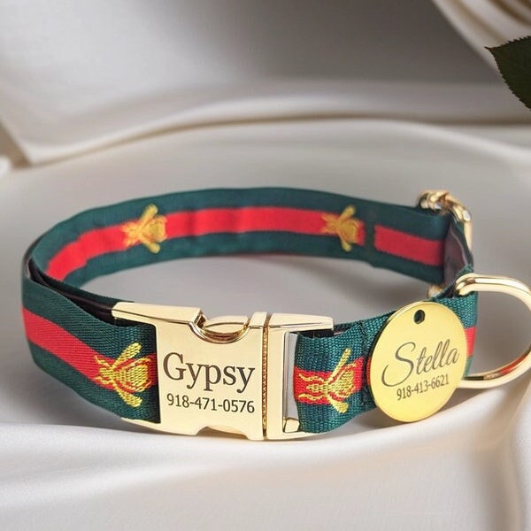 Red Green Stripe Luxury Dog Collar and Leash- Cat and Puppy - Engraved Buckle Personalized - Small to Large - Premium Designer Collar.