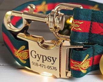 Red Green Stripe Luxury Dog Collar and Leash- Cat and Puppy - Engraved Buckle Personalized - Small to Large - Premium Designer Collar.