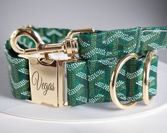 Green Leather Designer Dog Collar - FREE USA shipping - Buckle Personalized - Small to Large  - Adjustable - Cat, Kitten, Puppy.