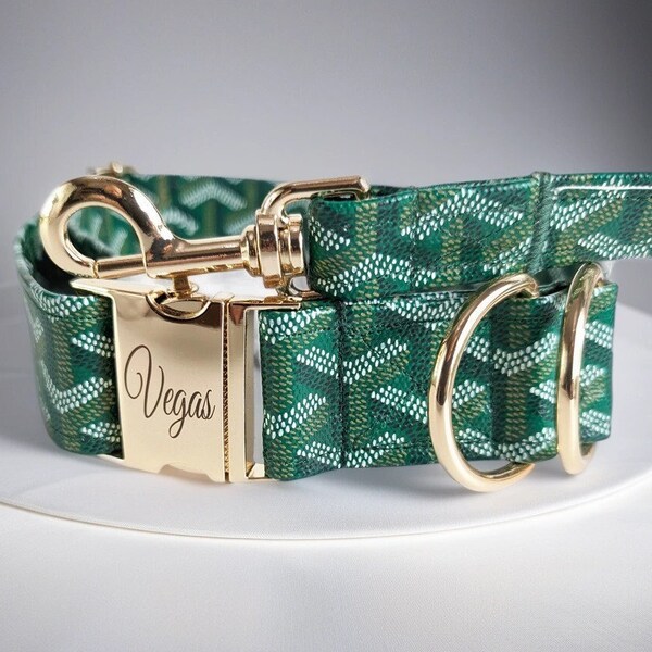 Green Leather Designer Dog Collar - FREE USA shipping - Buckle Personalized - Small to Large  - Adjustable - Cat, Kitten, Puppy.