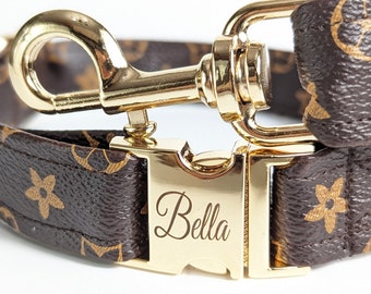 Luxury Fashion Brand Dog Collar - Brown Leather - Engraved Buckle Personalized - Small to Large - Pink or Brown - Adjustable