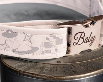 Celestial White Leather Dog or Cat Collar - Stars, Moon Spaceship - Zodiac - Adjustable Puppy Cat - Small Large.
