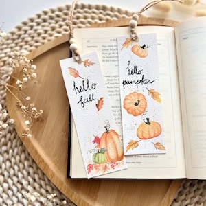 Handmade Autumn Bookmarks- Hello Fall desing with Pumpkins, Perfect for Fall Reading and gifts, Rustic Cozy Fall Gift, Hello Pumpkins & Fall