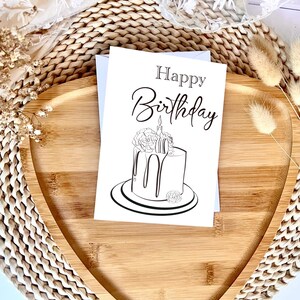 Trendy Minimalist Birthday Card Digital, Birthday Message with Cake Illustration, Simple Happy Birthday Note for a Friend,
