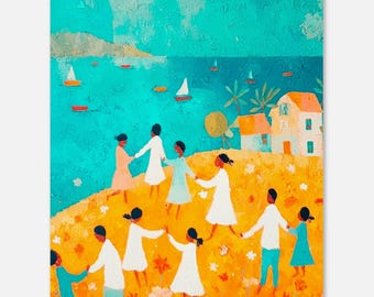 Children Holding Hands Print | Mediterranean Folk Art Coastal Village Poster