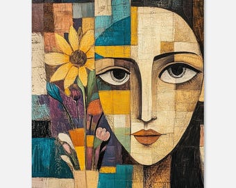 Sunflower Geometric Wall Art Print | Colorful Floral Poster | Teal Purple Gold Living Room Decor