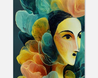 Abstract Woman Portrait Print | Teal Gold Floral Surreal Wall Art (Gallery Wall)